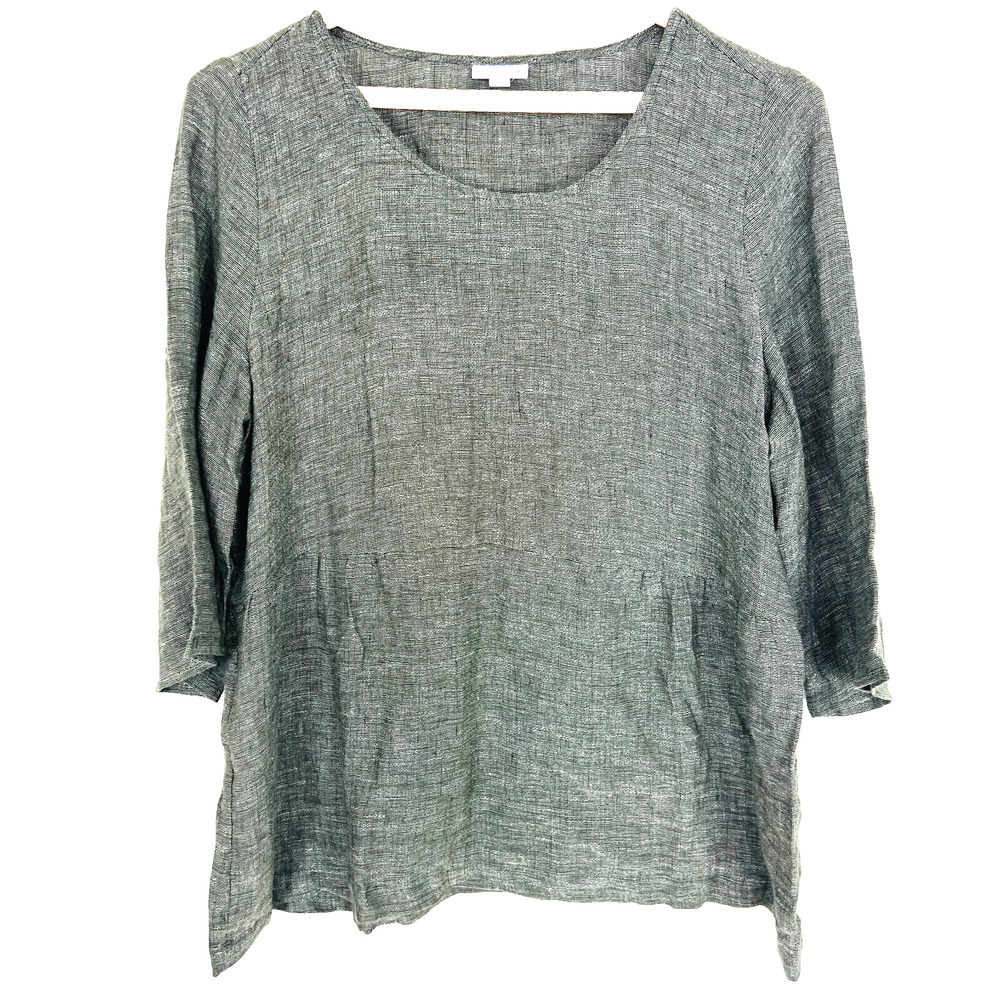 Pure Jill Linen Womens XL Gray Woven 3/4 Sleeves Relaxed Scoop Neck Blouse Top
